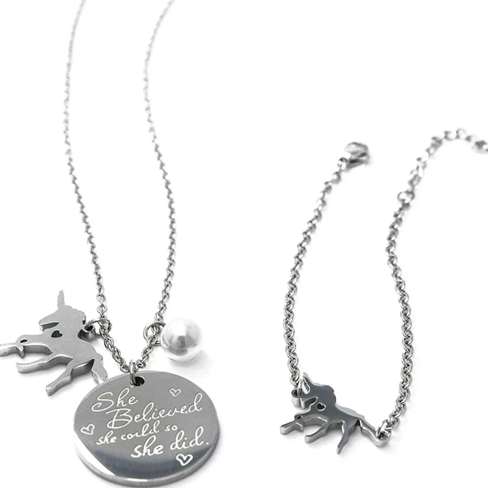 Silver Tone Unicorn Pendant Necklace and Bracelet Set